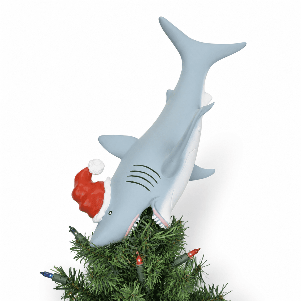 Great White Shark Santa Hat Christmas Tree Topper, 10 Inch Large Holiday Decor