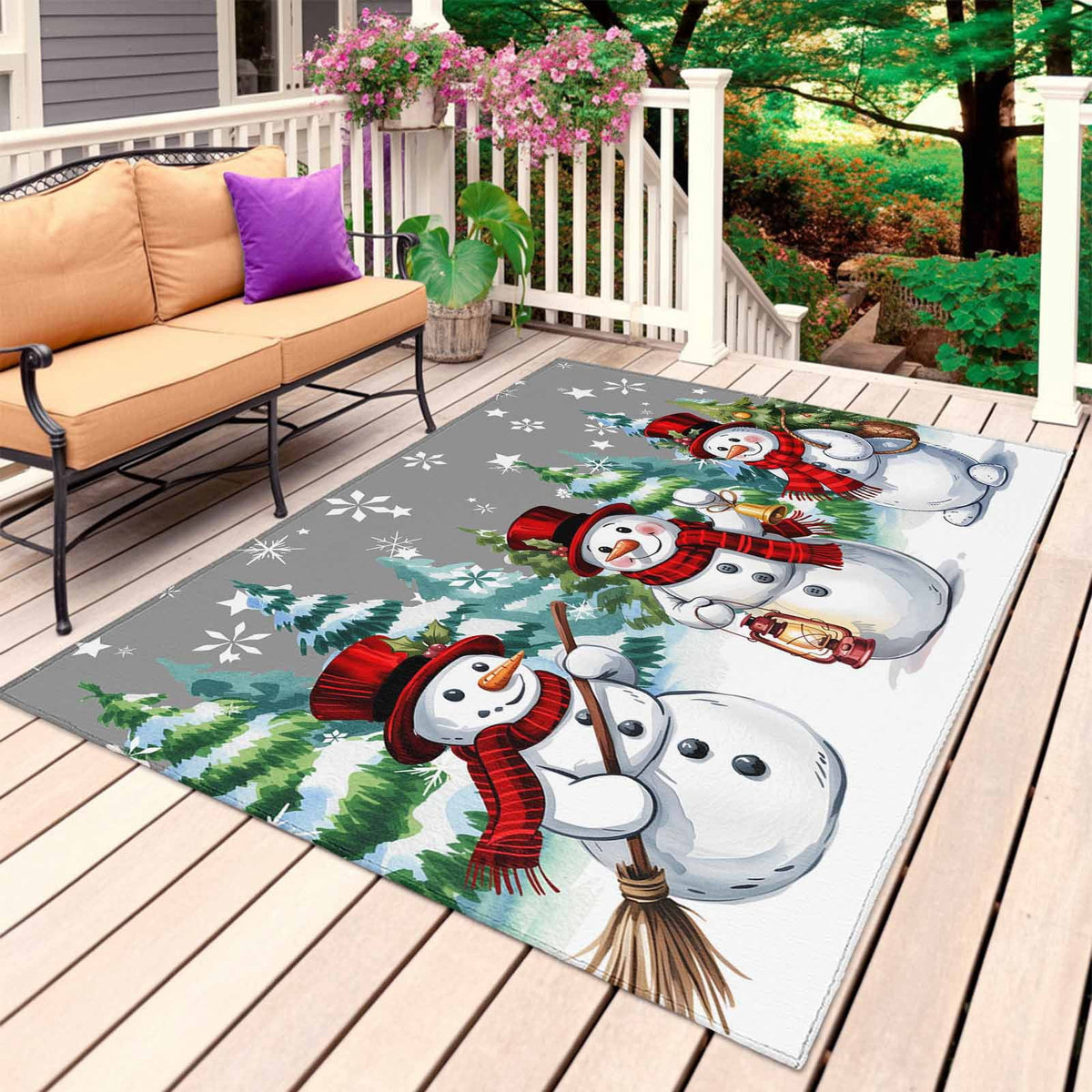 Grey White Snowman Christmas Outdoor Rug for Patio/Deck/Porch, Non-Slip Large Area Rug 5 x 8 Ft, Xmas Tree Snowflake Winter Indoor Outdoor Rugs Washable Area Rugs, Camping Rug Carpet Runner