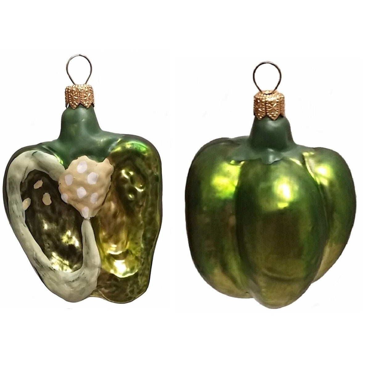 Half of a Green Bell Pepper Polish Glass Christmas Ornament Set of 2 Decorations