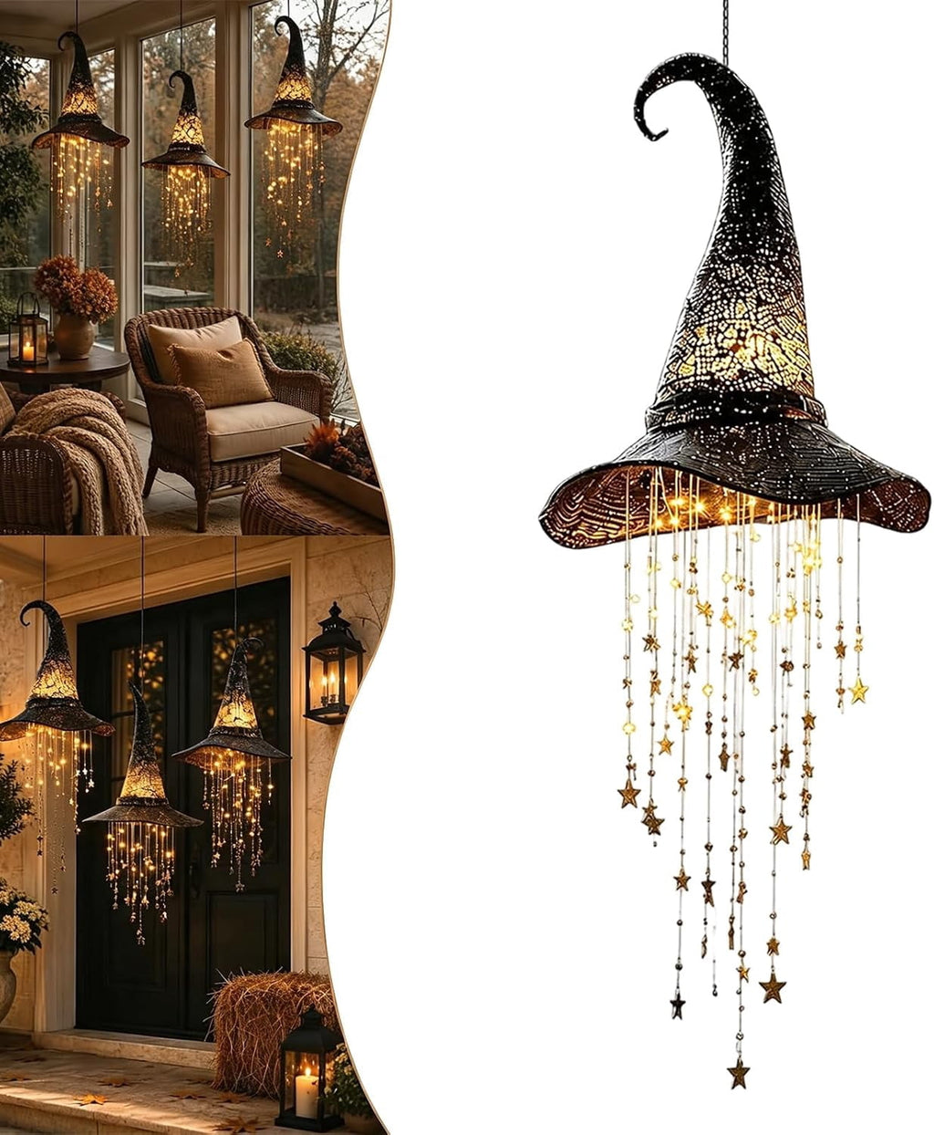 Hanging Witch Hats with Lights - Lighted Black Mesh Witch Hat Chime with Glowing Star Garland for Porch, Tree, Window