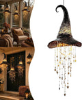 Hanging Witch Hats with Lights - Lighted Black Mesh Witch Hat Chime with Glowing Star Garland for Porch, Tree, Window