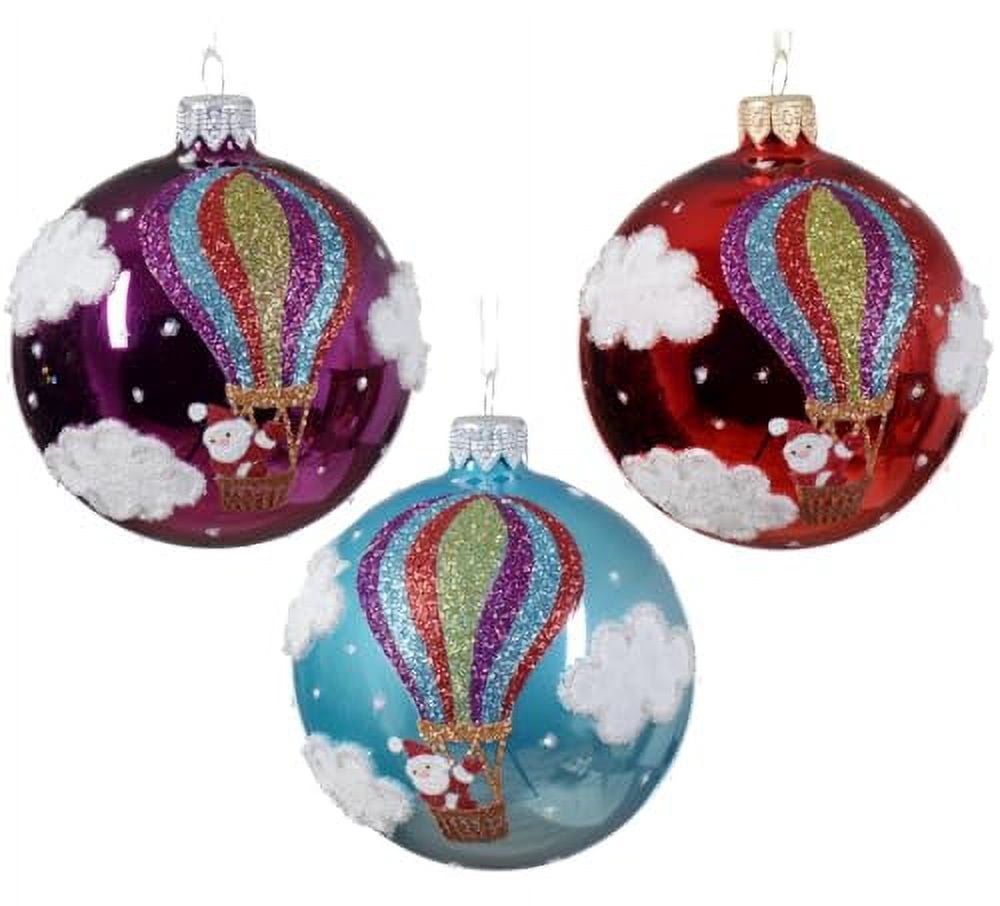 Hot Air Balloon Blown Glass Ornaments - European Mouth-Blown Glass Balls, Set of 3 Blue, Red, Purple