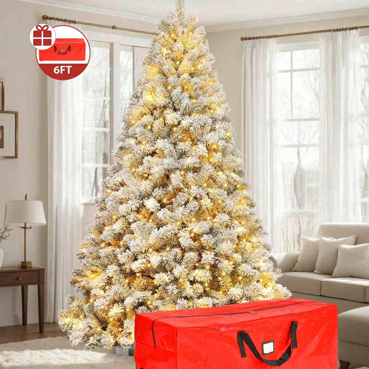 Yexmas 7.5ft Pre-Lit Snowflake Flocked Christmas Tree,8 Modes LED Lights,Artificial Xmas Tree with Storage Bag