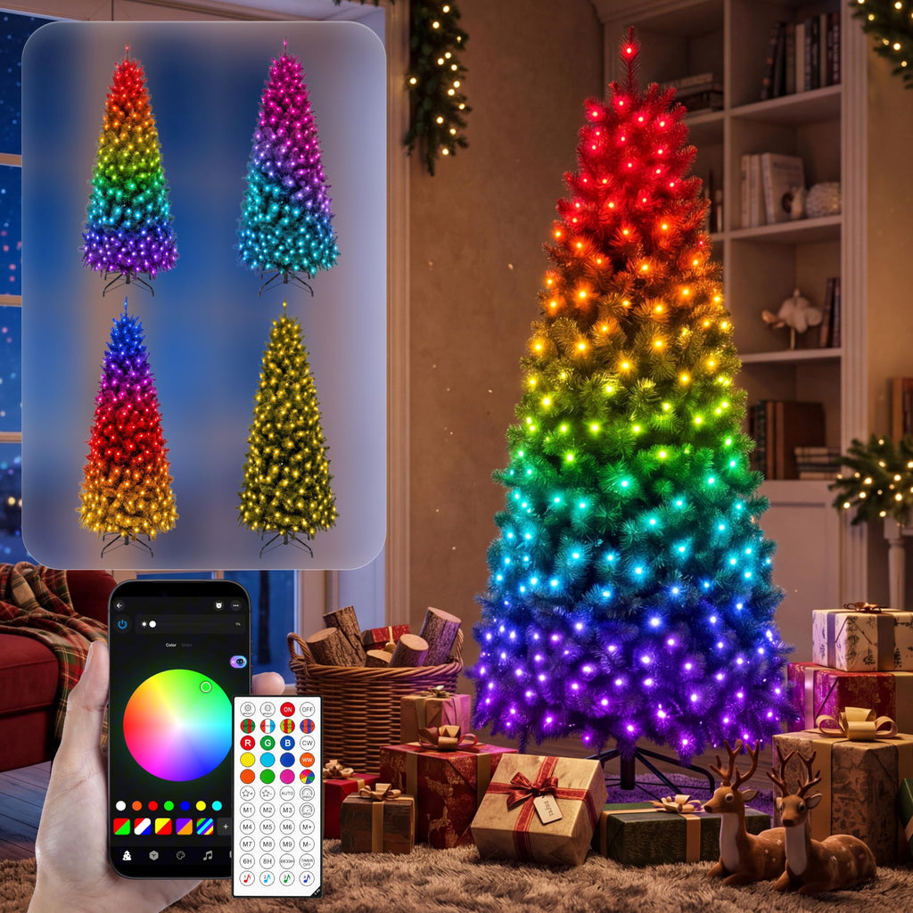 Joyfy 6 FT Prelit Slim Christmas Tree with 250 RGB Lights,App & Remote Control,Hinged Branches,Gloves & Metal Base Included,Easy Setup,Realistic Artificial Pencil Tree for Xmas Indoor Holiday Decor