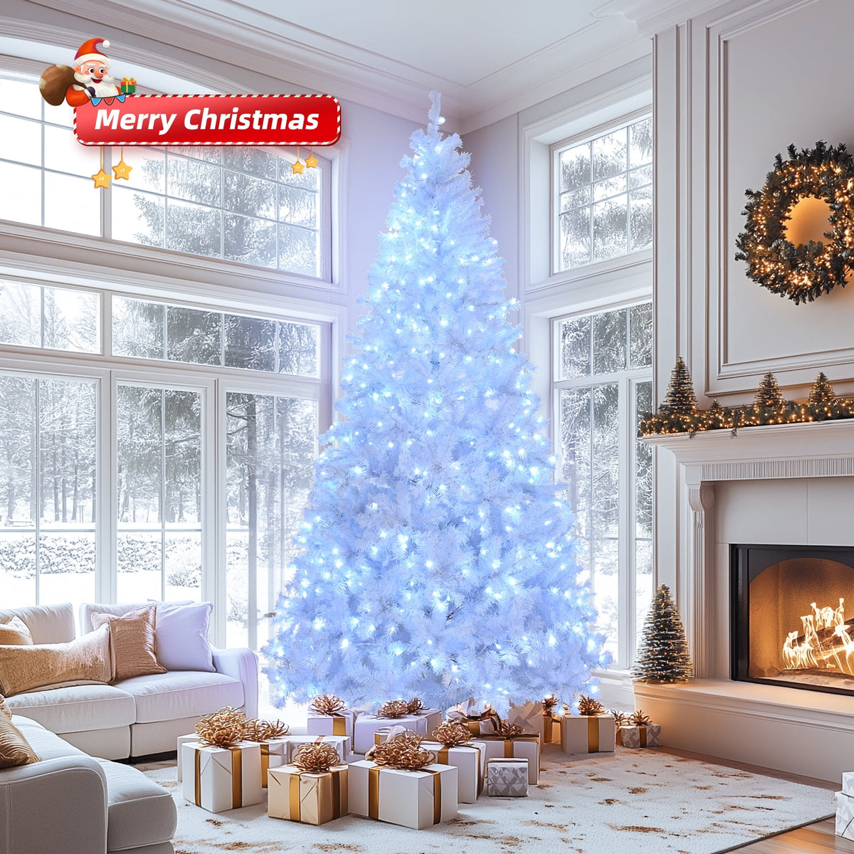 Ktaxon 8 FT Pre-lit Christmas Tree, Xmas Tree Hinged Branches with 500 RGB Lights and 1500 Branch Tips APP Controlled, for Holiday Party Store Office Home, White