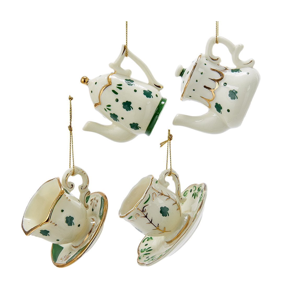 Kurt Adler 2" Porcelain Irish Cup & Teapot Ornaments, Set OF 4 Assorted