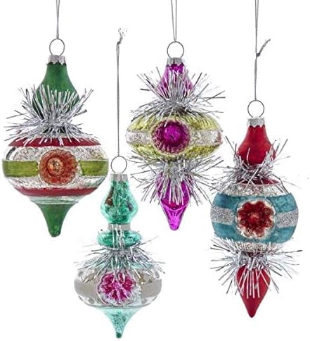 Kurt Adler 5" Glass Colorful Reflector Retro Finial With Tinsel Ornaments Set of 4
