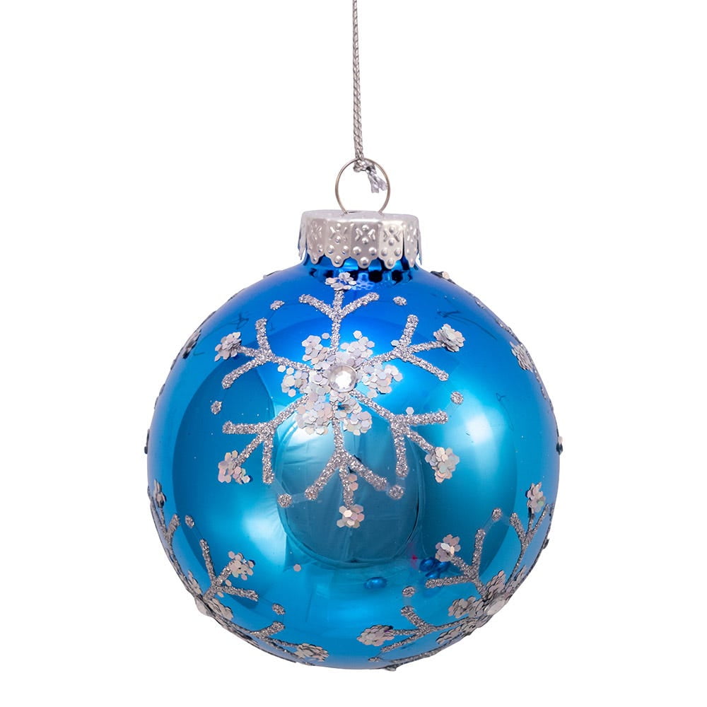 Kurt Adler 80MM Blue and Silver Glitter Snowflake Glass Ball Ornaments, 6 Piece Box - 3.15"