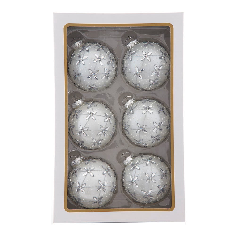 Kurt Adler 80MM Glass Silver Jeweled Ball Ornaments, 6-Piece Box