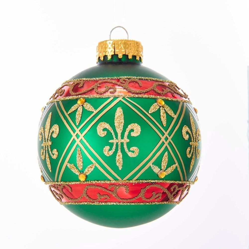 Kurt Adler 80MM Green Glass Ball Ornament With Fleur-De-Lis, 6-Piece Box - 3.15"