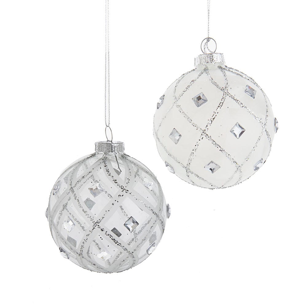 Kurt Adler 80MM Jeweled Clear Feather White Ball Ornaments, 6 Piece Set