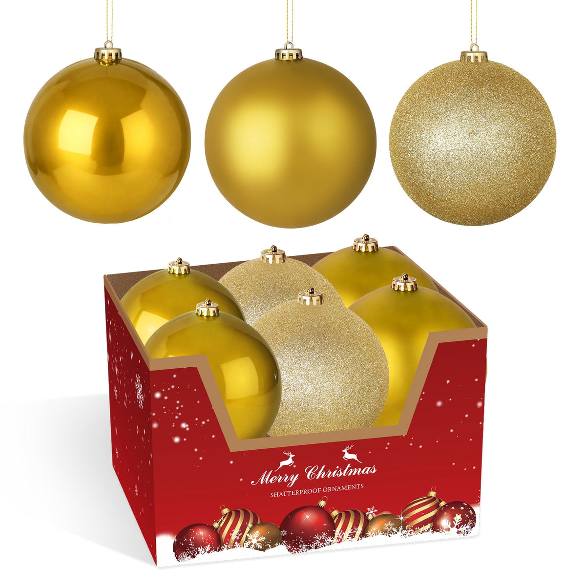 LAMPHOME 12PK 8" Shatterproof Christmas Ball Ornaments, Glossy & Matte & Glitter Gold Assortment, Sparkling Xmas Tree Decorations for Holiday Home