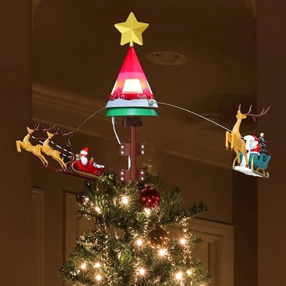LAMPHOME Rotating Musical Deer & Sled Lighted Tree Topper, Illuminated Star Christmas Tree Top Ornament