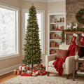 LIFERECORD 6ft Prelit Artificial Hinged Slim Pencil Christmas Tree with 250 Lights, 571 Full Branch Tips, 8 Warm Lingting Motes Perfect Decoration for Xmas Holiday, Green