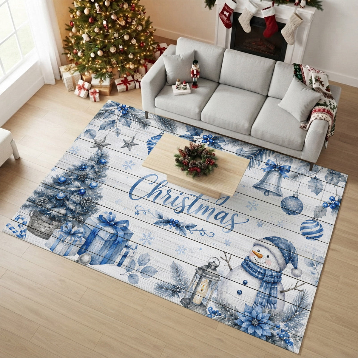Large Area Rugs for Living Room Bedroom, Blue Merry Christmas 8'x10' Rug Washable Carpet Runner Indoor Outdoor, Xmas Tree Snowman Eucalyptus Wood Non Slip Floor Mats Rug for Kitchen, Patio