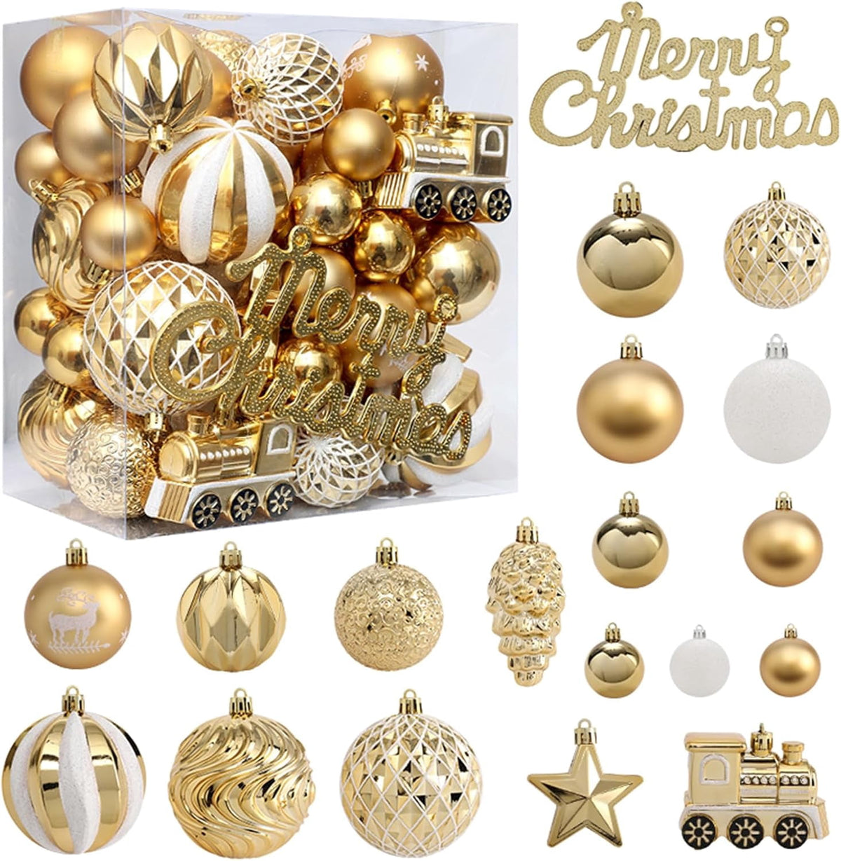 Lumiparty 65 pcs Christmas Ball Ornaments Set, Shatterproof Xmas Balls Decorative Hanging Ornaments, Tree Ornaments Assorted Set with Hooks for Xmas Tree Holiday Wreath Garland Swag Decor, Champagne