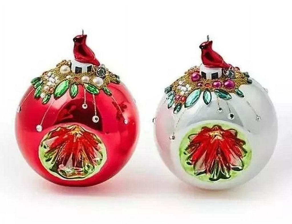 Mackenzie Childs Beautiful Set of 2 Cardinal Glass Reflector Christmas Ornaments NEW IN ORIGINAL BOX WITH TAGS, 100% AUTHENTIC, Great Gift.