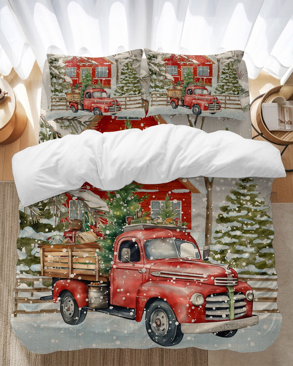 Merry Christmas Bedding Duvet Cover Set Full Size 4 Pieces Xmas Tree Red Truck Barn Snowflake Gray Bedding Set with Zipper Closure, 1 Comforter Cover 86x90 Inches 1 Flat Sheet & 2 Pillow Cases