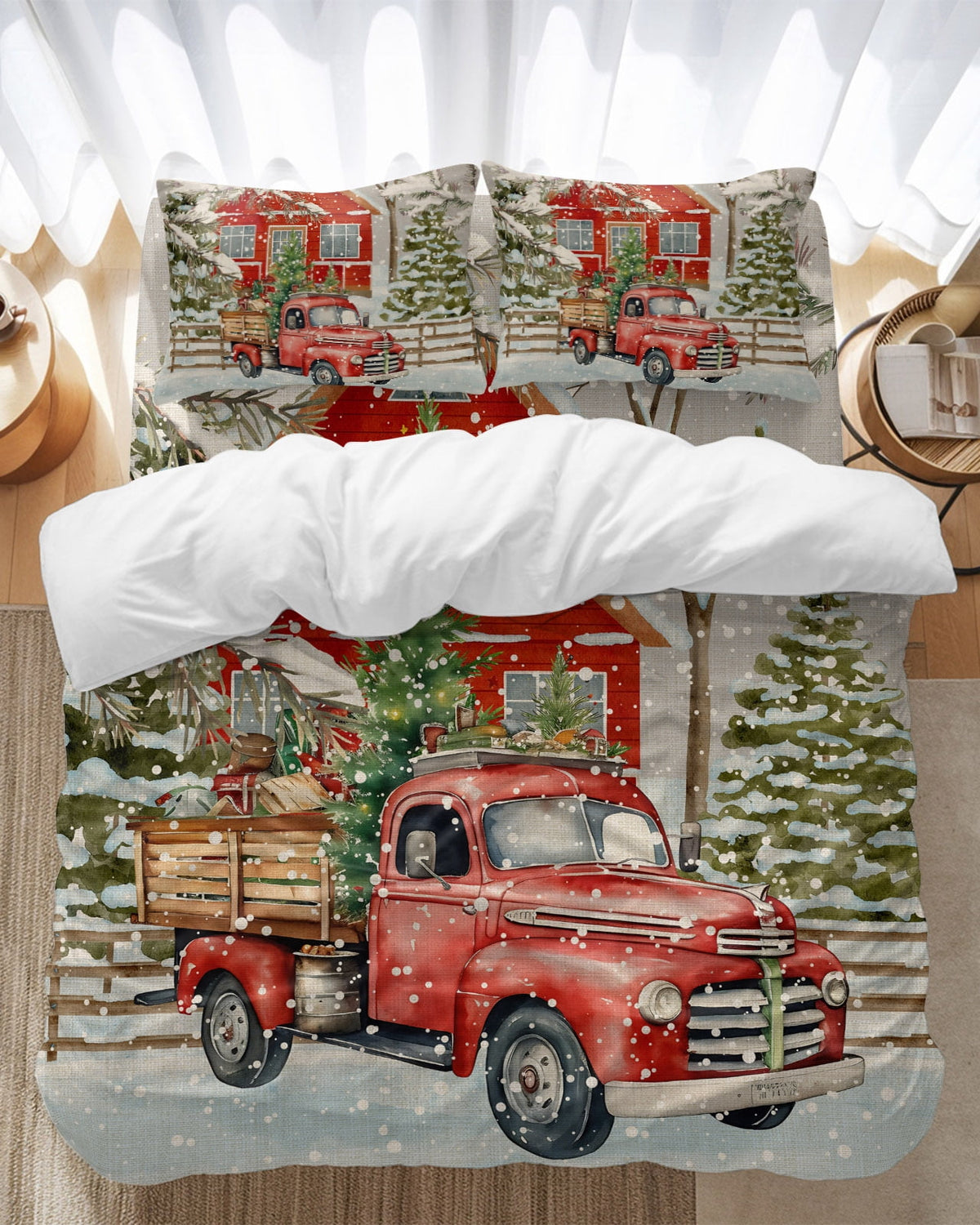 Merry Christmas Bedding Duvet Cover Set Full Size 4 Pieces Xmas Tree Red Truck Barn Snowflake Gray Bedding Set with Zipper Closure, 1 Comforter Cover 86x90 Inches 1 Flat Sheet & 2 Pillow Cases