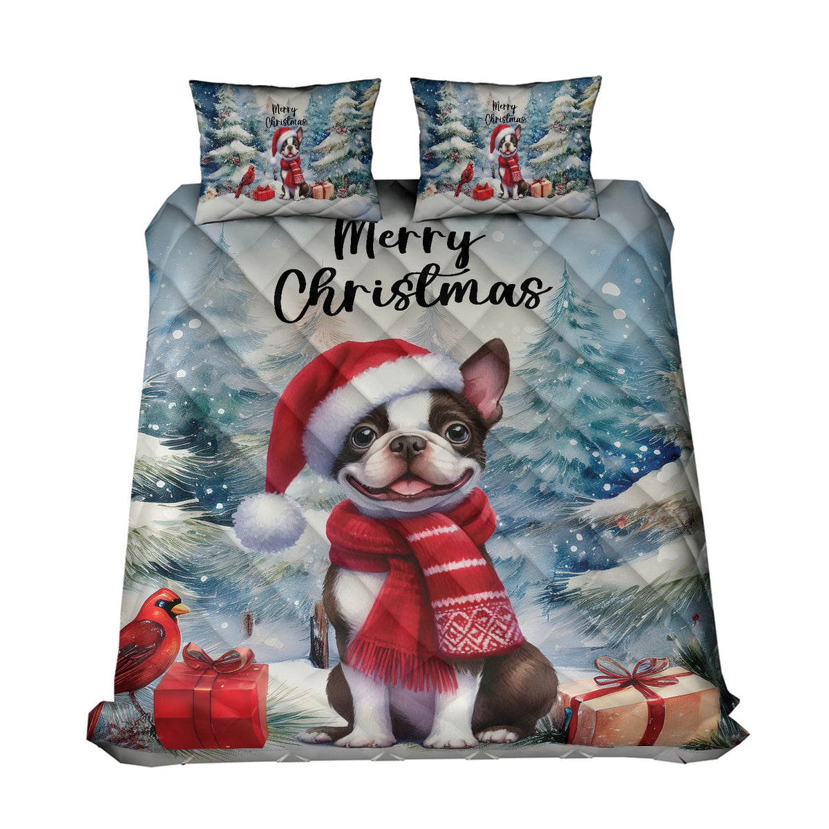 Merry Christmas French Bulldog Enjoys Woofmas Winter Xmas Holiday Quilt Bedding Set Dog Lover Gifts 1 Blanket Bed Cover 2 Pillowcases - 02022