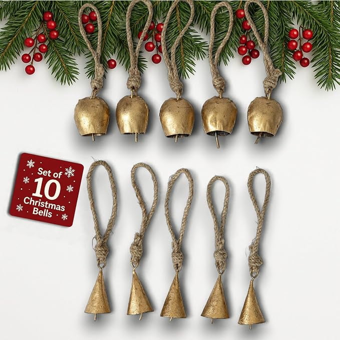Mie Creations Set of 10 Vintage Tin Bells, Rustic Christmas Tree Bells 2''