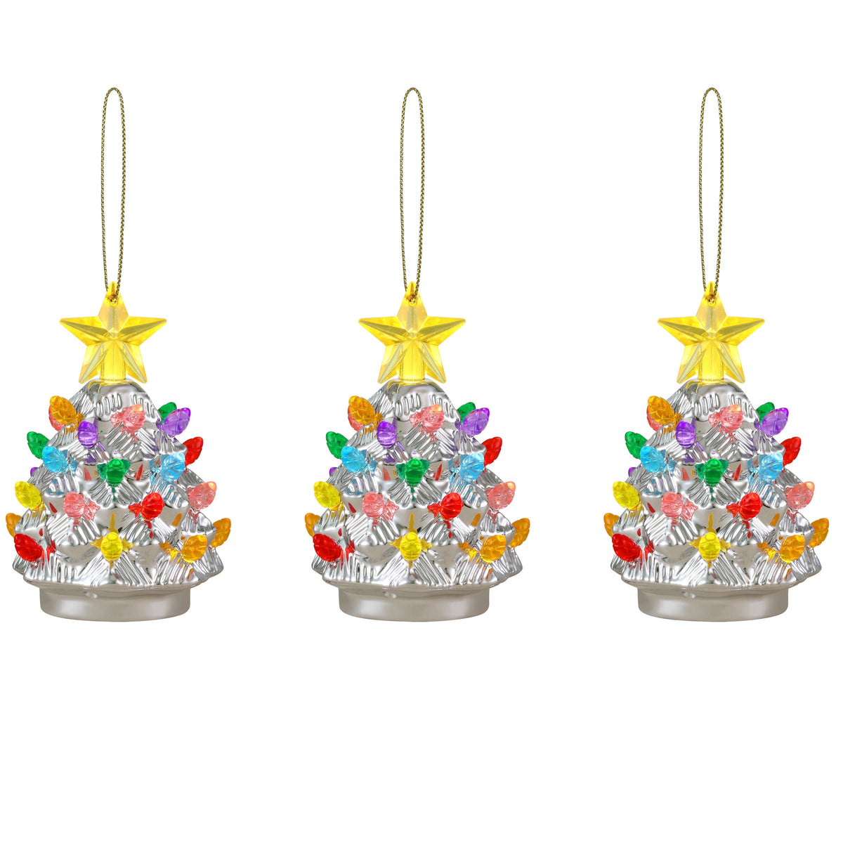 Mr. Christmas 5.25-Inch Nostalgic Tabletop Christmas Trees, Set of 3, White, LED Lights