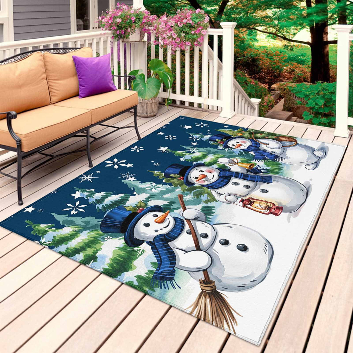 Grey White Snowman Christmas Outdoor Rug for Patio/Deck/Porch, Non-Slip Large Area Rug 5 x 8 Ft, Xmas Tree Snowflake Winter Indoor Outdoor Rugs Washable Area Rugs, Camping Rug Carpet Runner