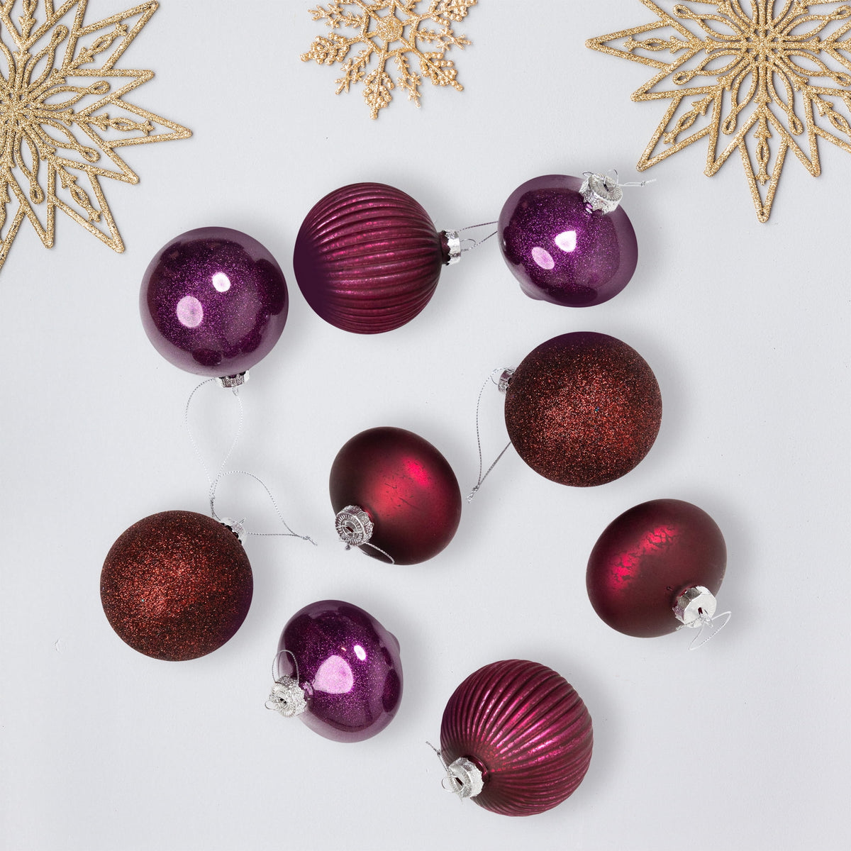 Finial and Glass Ball Christmas Ornaments - Burgundy and Purple - Set of 9