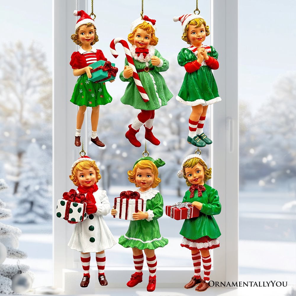 Nostalgic Victorian Christmas Girl Charming Set of 6 Ornaments, Vintage Old Fashioned Resin Holiday Decoration