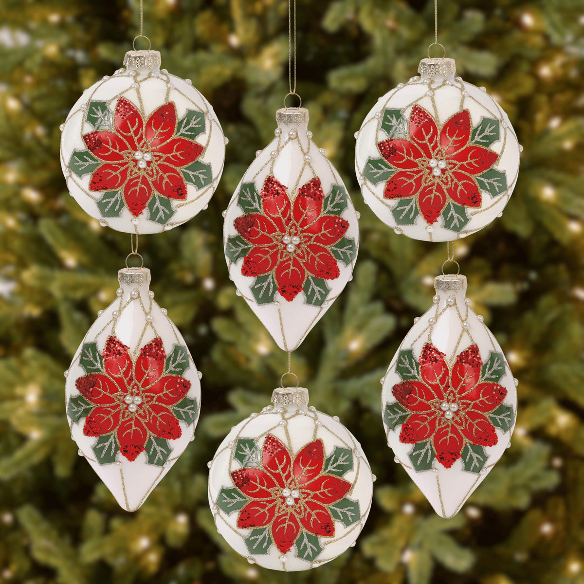 Poinsettia Pearl 4” Ball 6” Finial Glass Christmas Ornaments by Tinsel Traditions - Set of 6