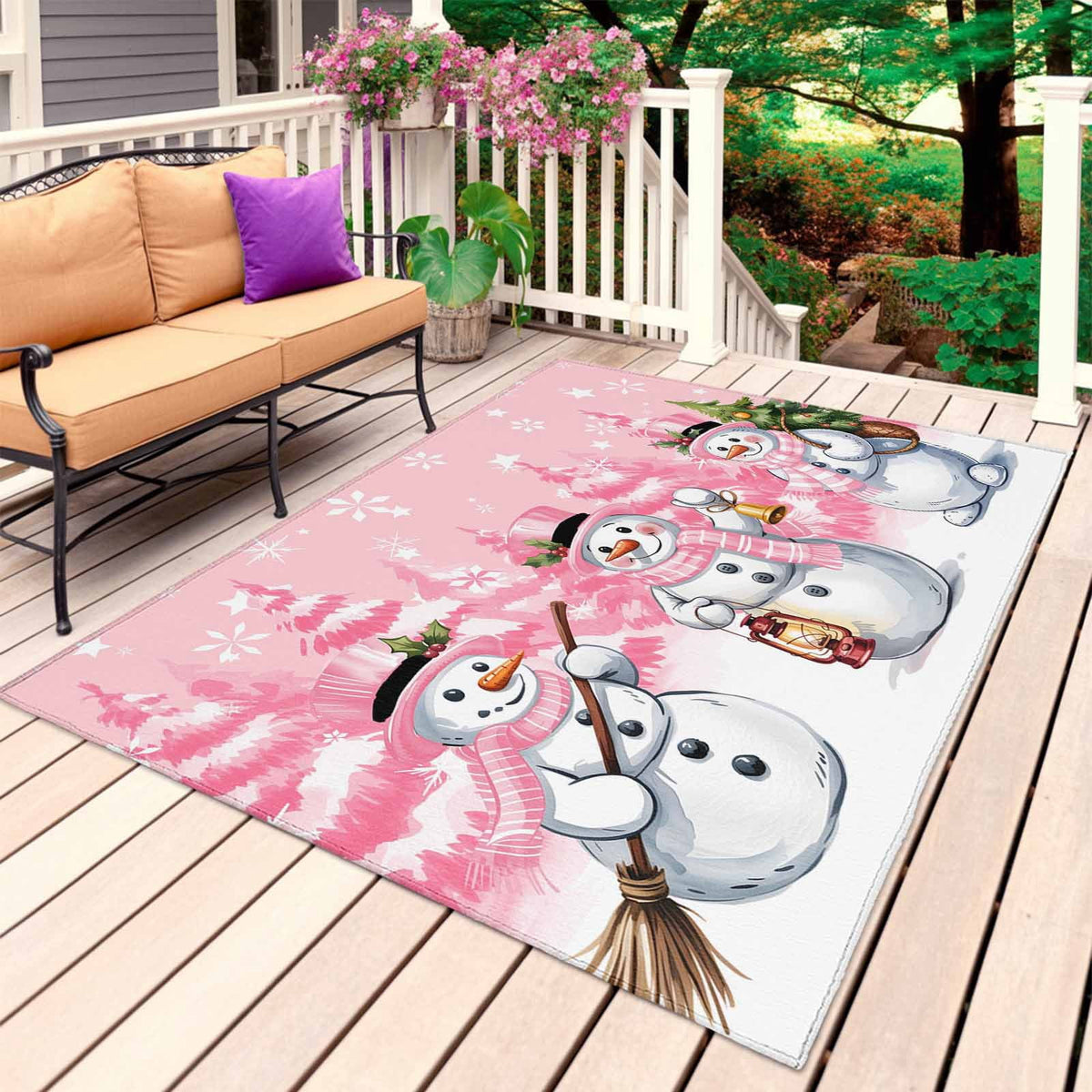 Grey White Snowman Christmas Outdoor Rug for Patio/Deck/Porch, Non-Slip Large Area Rug 5 x 8 Ft, Xmas Tree Snowflake Winter Indoor Outdoor Rugs Washable Area Rugs, Camping Rug Carpet Runner