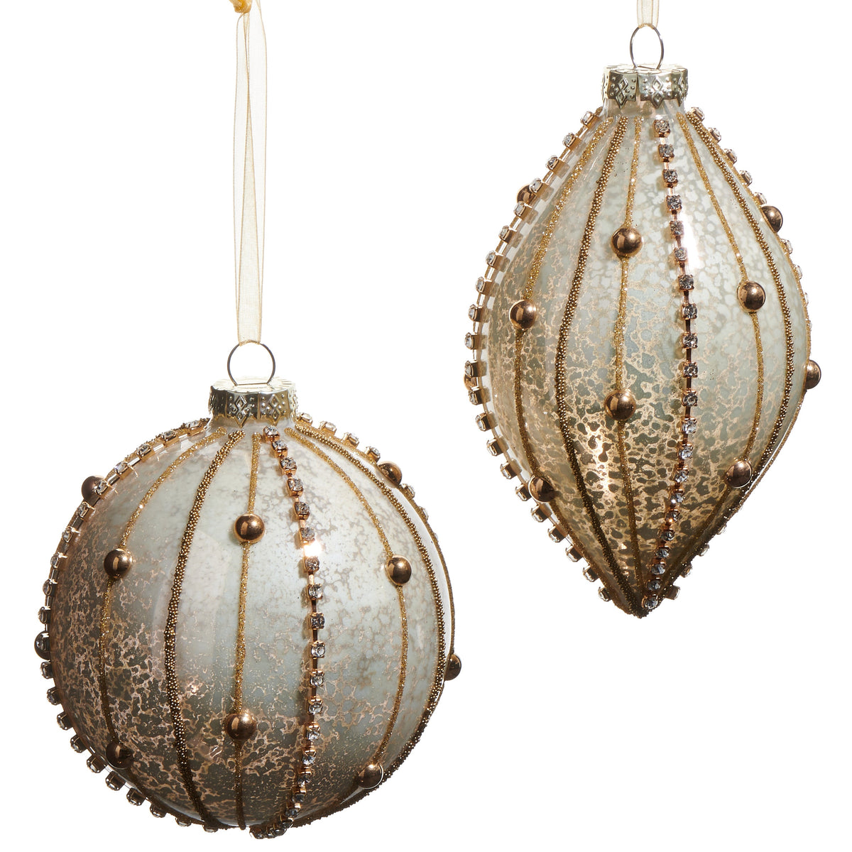 RAZ Imports 4" Rhinestone Mercury Glass Ball and Finial Christmas Ornaments - Set of 2