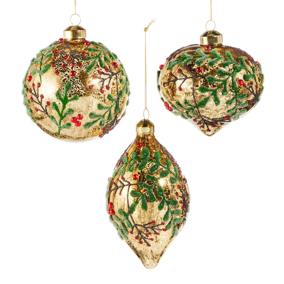 RAZ Imports 4" Holly Berry Jeweled Gold Mercury Glass Christmas Ornaments - Set of 3