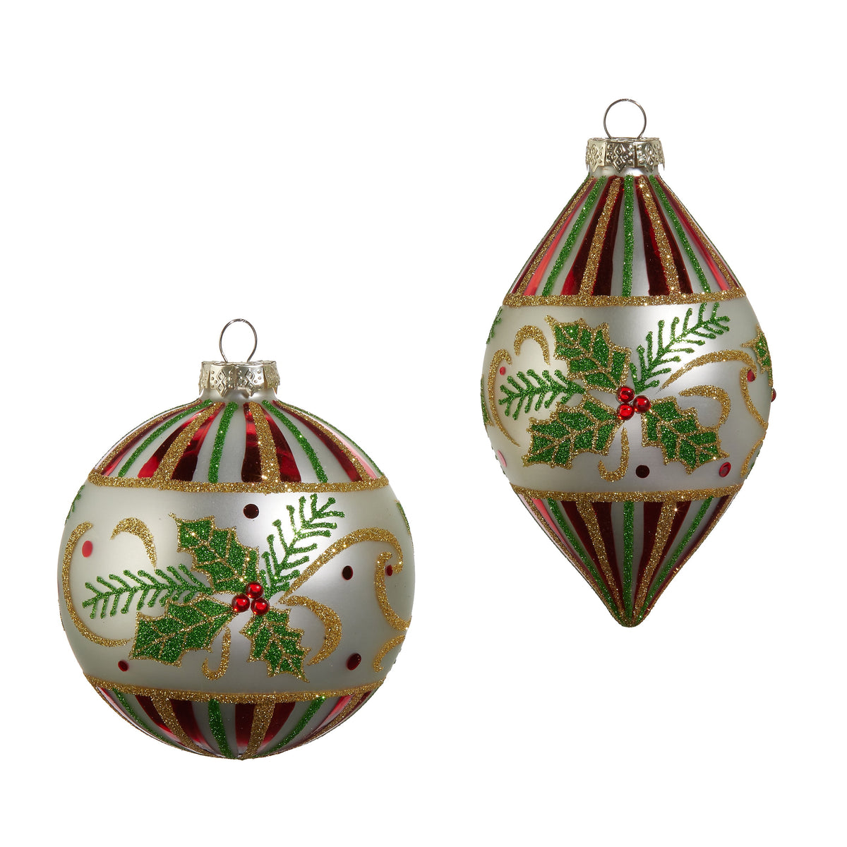 RAZ Imports 4" Traditional Holly Leaf Ball and Finial Glass Christmas Ornaments - Set of 2
