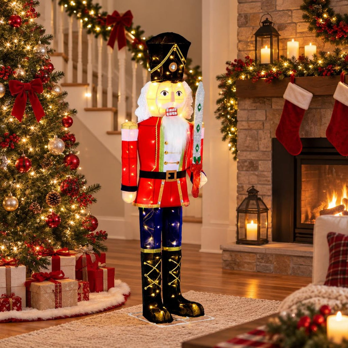 RUIE Lighted Christmas Nutcracker, 5 ft Outdoor Holiday Figure with 100 Warm White LED Lights, Glitter Sword, Metal Frame and Long Cord