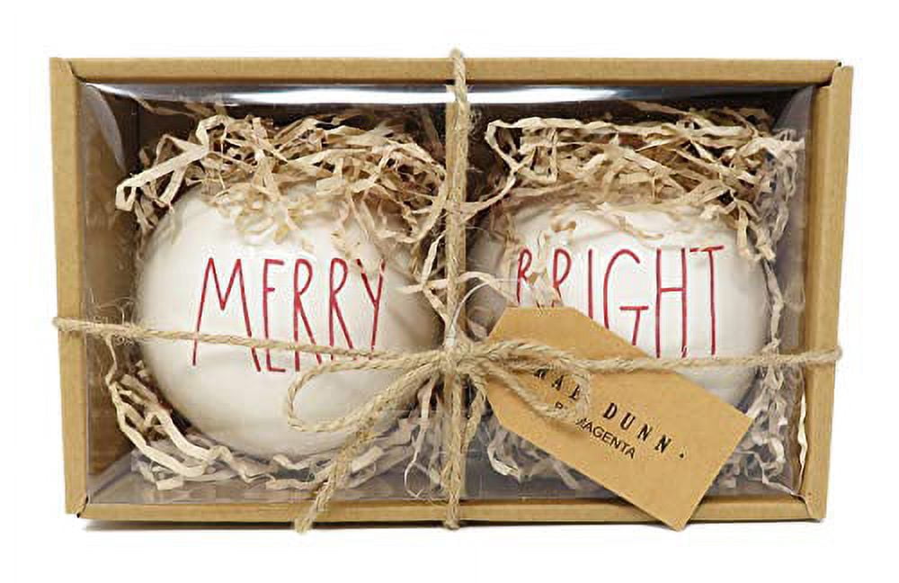 Rae Dunn By Magenta Set Of 2 Merry & Bright Ceramic Ll Red Letter Round Bulb Christmas Tree Ornaments