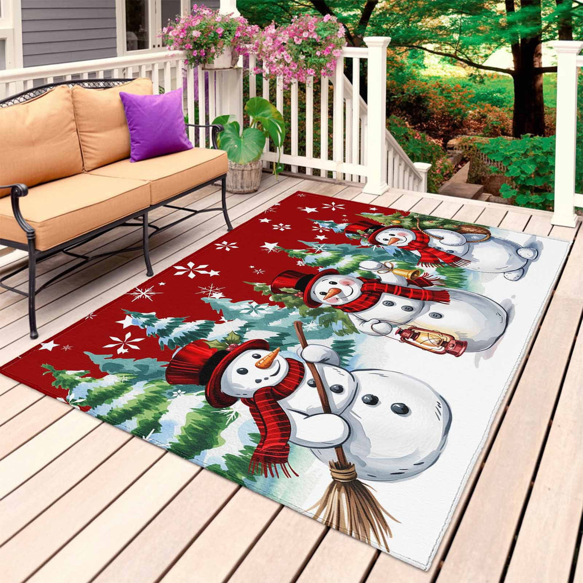 Grey White Snowman Christmas Outdoor Rug for Patio/Deck/Porch, Non-Slip Large Area Rug 5 x 8 Ft, Xmas Tree Snowflake Winter Indoor Outdoor Rugs Washable Area Rugs, Camping Rug Carpet Runner