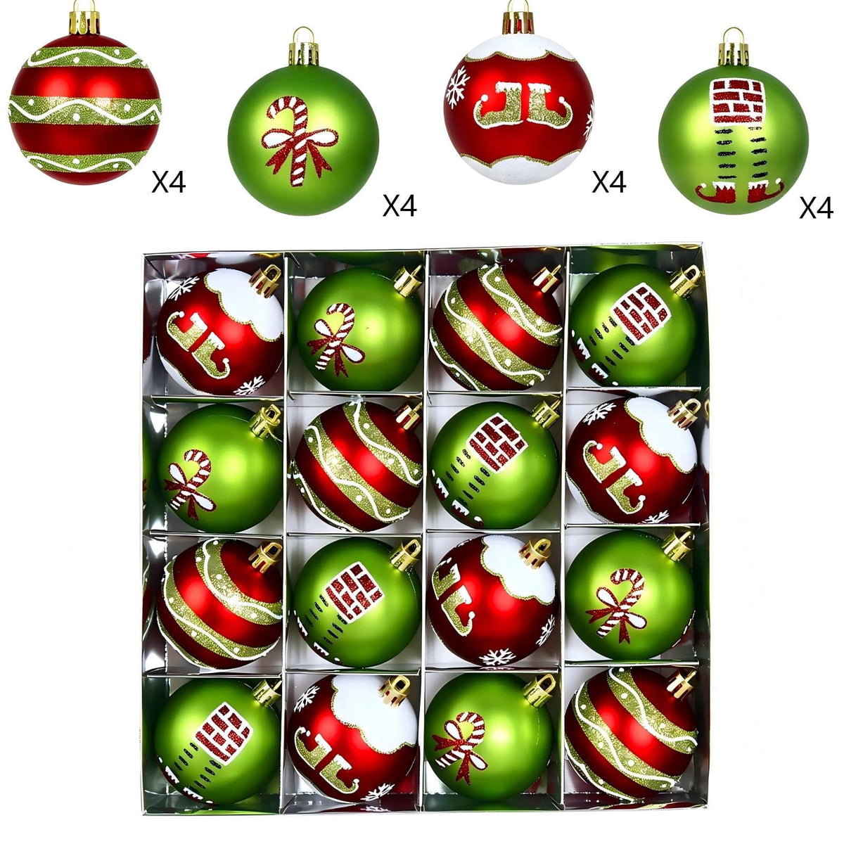 Sinkoo 40pcs Christmas Ornaments Set, 2.4" Glittering Red Green White Elf Bulbs for Christmas Tree, Shatterproof Hanging Decor for Home Party Xmas Holiday Decor