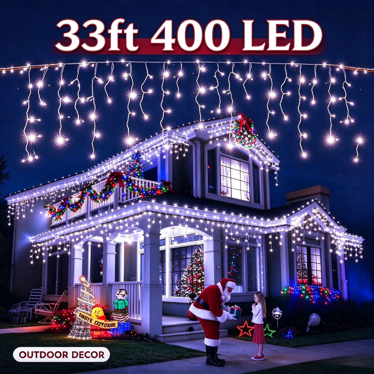 Scidweet Christmas Icicle String Lights, 33ft 400 LED Fairy Twinkle Lights 8 Modes Plug in Light for Holiday Wedding Party Home Indoor Outdoor Decoration, Cool White