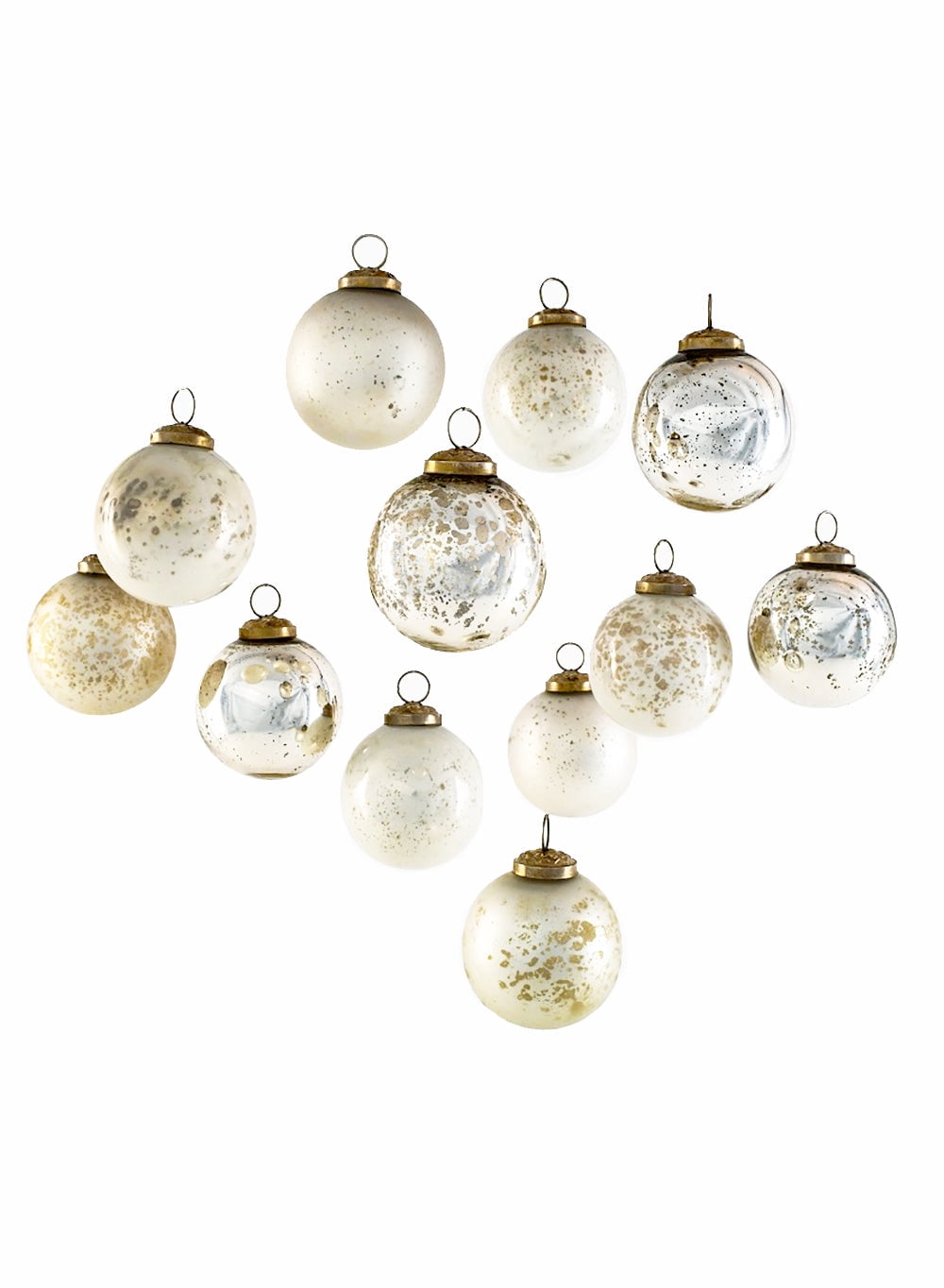 Serene Spaces Living Vintage Style Gold, Blue & Silver Glass Ball Ornaments, Set of 12