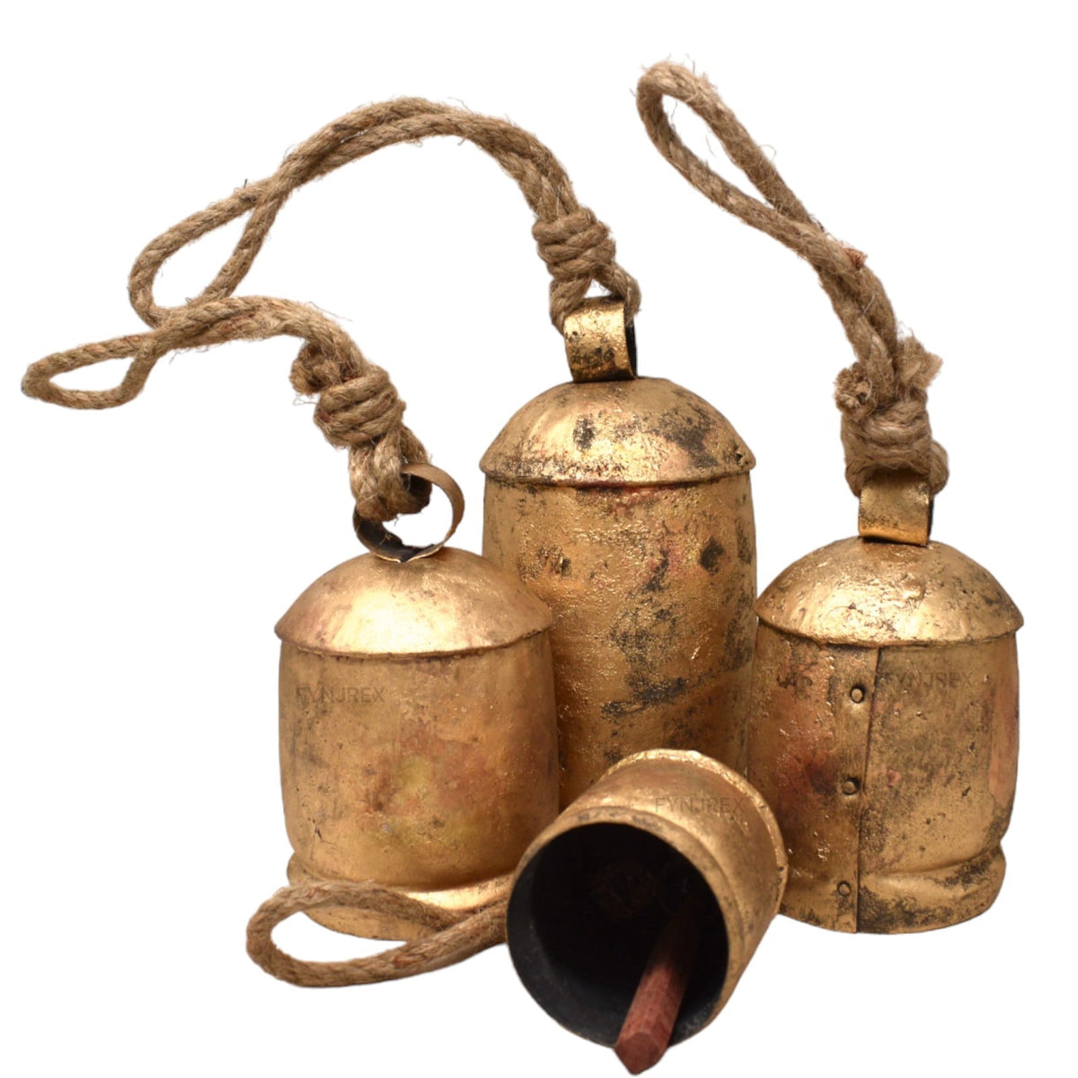 Set of 4 Vintage Rustic Christmas Bells – 1 Large 7.5" Bell, 2 Medium 5.5" Bells & 1 Small 4" Bell – Farmhouse Metal Hanging Bells for Holiday, Mantel & Door Décor