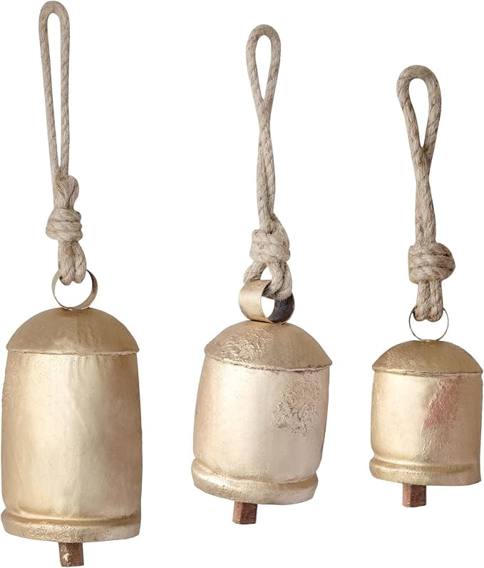 Set of 3 Rustic Christmas Cow Bells for Decoration – Antique Metal Jingle Bells for Tree, Wreath, & Holiday Decor