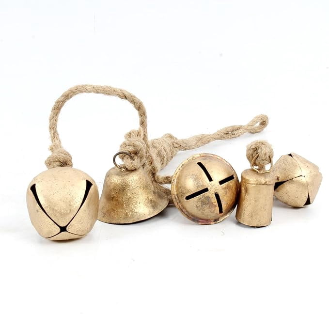 Set of 5 Vintage Handmade Rustic Lucky Christmas Hanging Bells On Jute Rope Decorative Metal Harmony Cow Bells