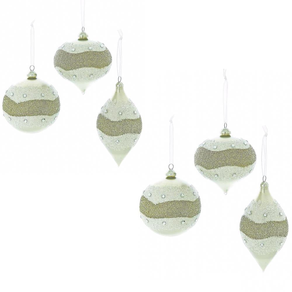 Silver Glittered with Beaded Band 3.95in Glass Ornament for Craft Christmas Tree Winter Holiday Garden Outdoor Home Wedding Ceremony Wall Arch Aisle Decor (Platinum, One Set of 6)