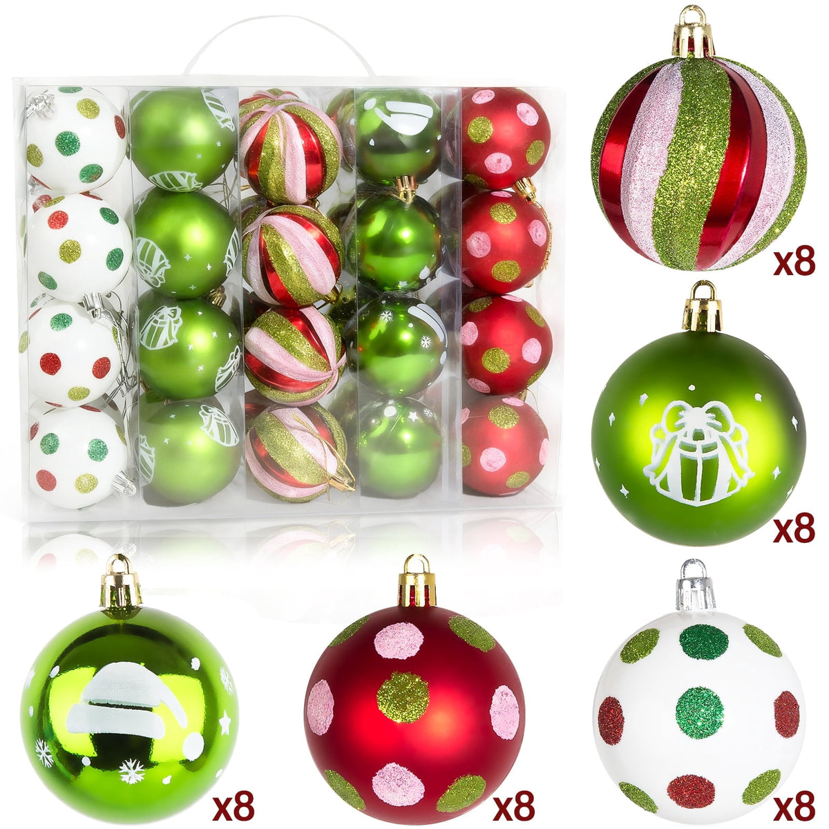 Sinkoo 40pcs Christmas Ornaments Set, 2.4" Glittering Red Green White Elf Bulbs for Christmas Tree, Shatterproof Hanging Decor for Home Party Xmas Holiday Decor