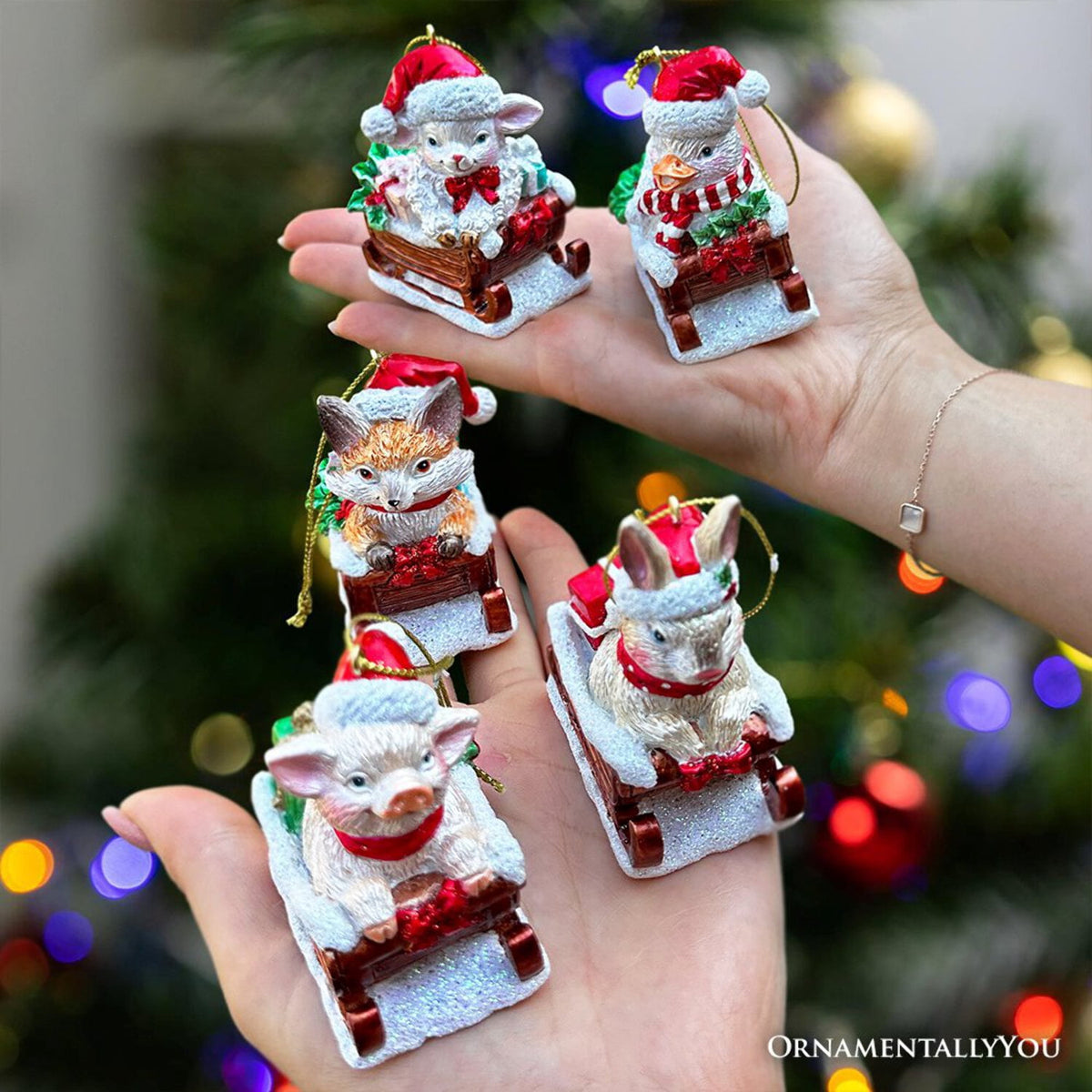 Sleigh-Borne Animal Ensemble Set of 5 Christmas Ornaments, Horse, Goat, Pig, Donkey, and Duck