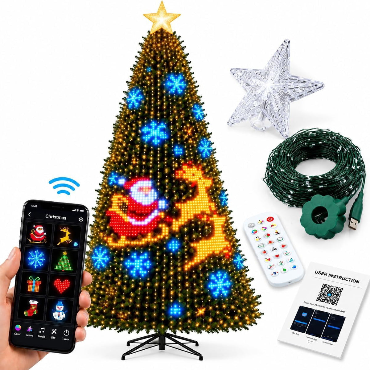 Smart Christmas Tree Lights with App Control,DIY Animation Effects,IP65 Waterproof for Indoor Xmas Tree Decor