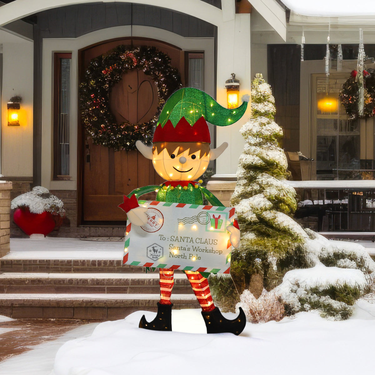VEIKOUS 4.8ft Christmas Elf Decoration W/ 100 Warm White LED Lights, Envelope & Ground Stakes, Waterproof Pre-Lit Yard Decor for Holiday