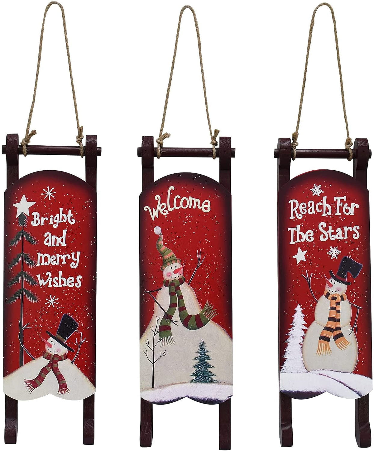 Wood Sleigh Decor Rustic Christmas Hanging Ornament Set of 3, Decorative Wooden Sled Snowman Pattern Hanging Christmas Sled Wall Art Decor Sled Door Hanging Decoration Holiday Decor Xmas Gift