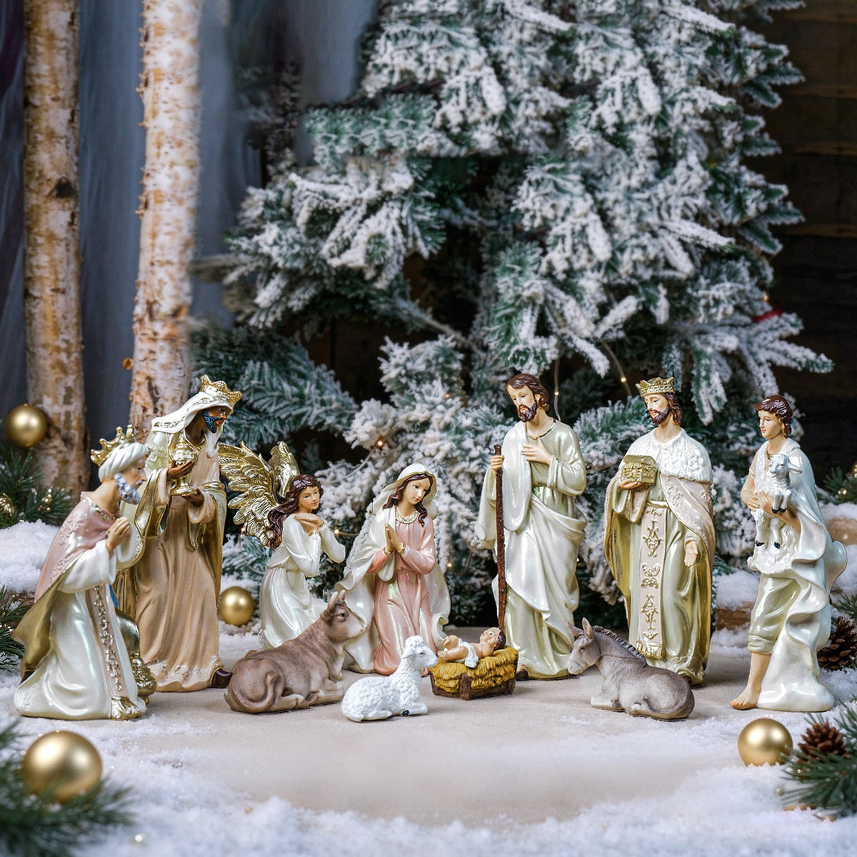 Zayton 11-Piece Nativity Set 8" Light Gold Resin Holy Family Figurines Nativity Scene Tabletop Christmas Decor